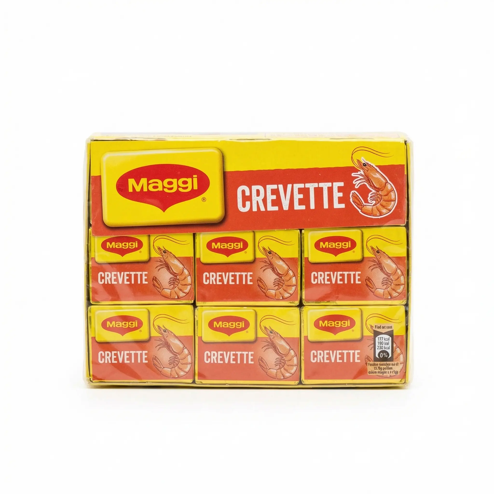 Boîte cube Maggi crevette vue de face emballage rose orangé